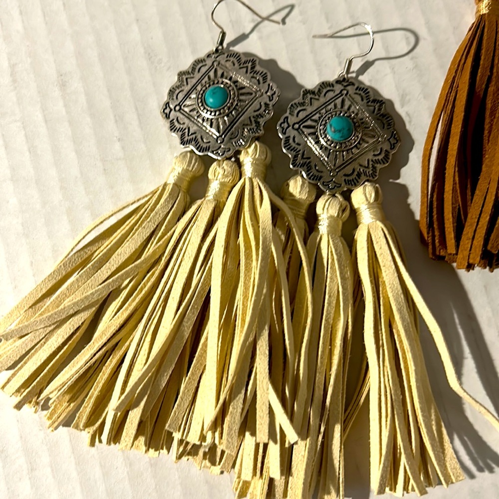 Western turquoise & leather fringe earrings set of 2 - Picture 3 of 4